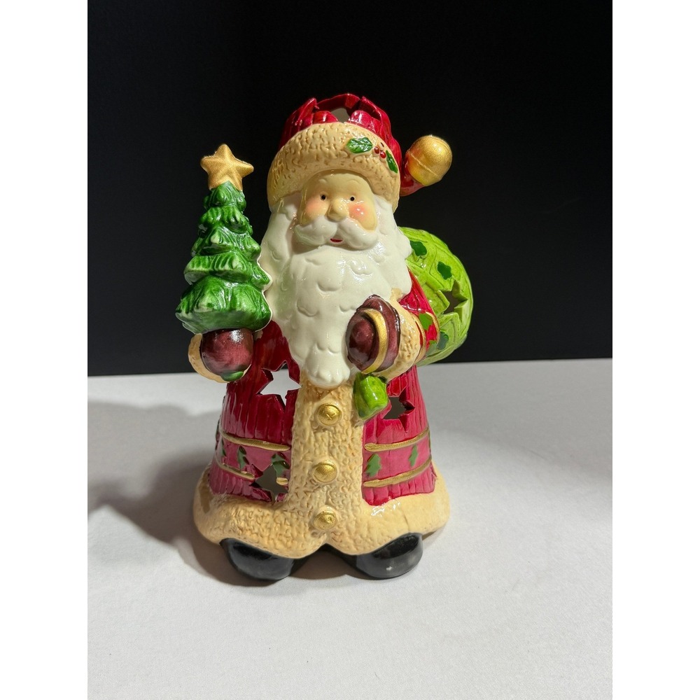 Ceramic Santa Claus Tea Light Candle Holder Christmas Figurine Star Cutouts Red